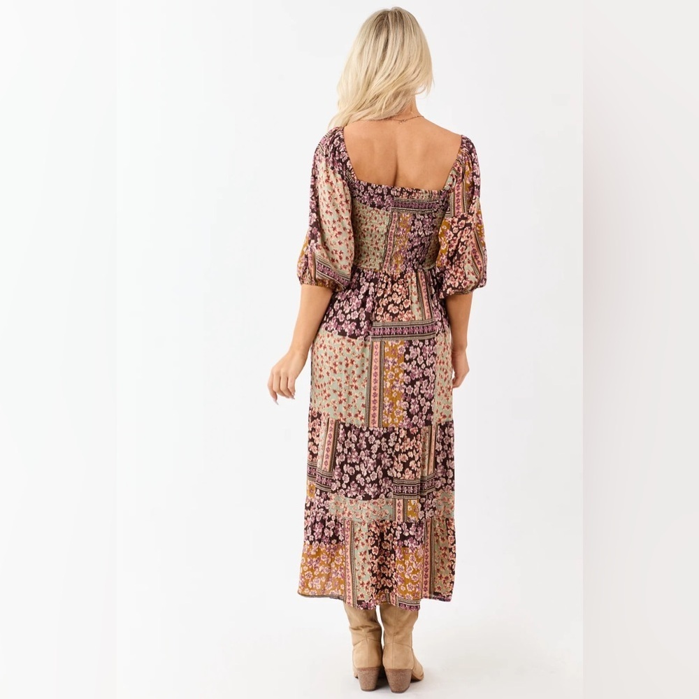 NWT Boho Mixed Floral Patchwork Print Smocked Balloon Sleeve Maxi Midi Dress - Picture 7 of 9